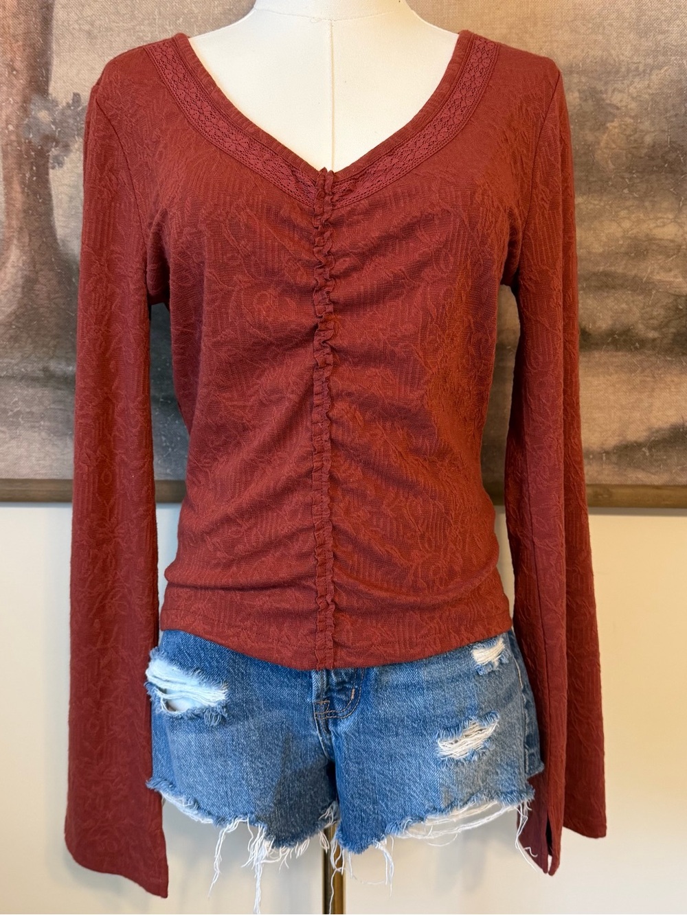 Shyanne Rust Red Ruched V-Neck Long Sleeve Top